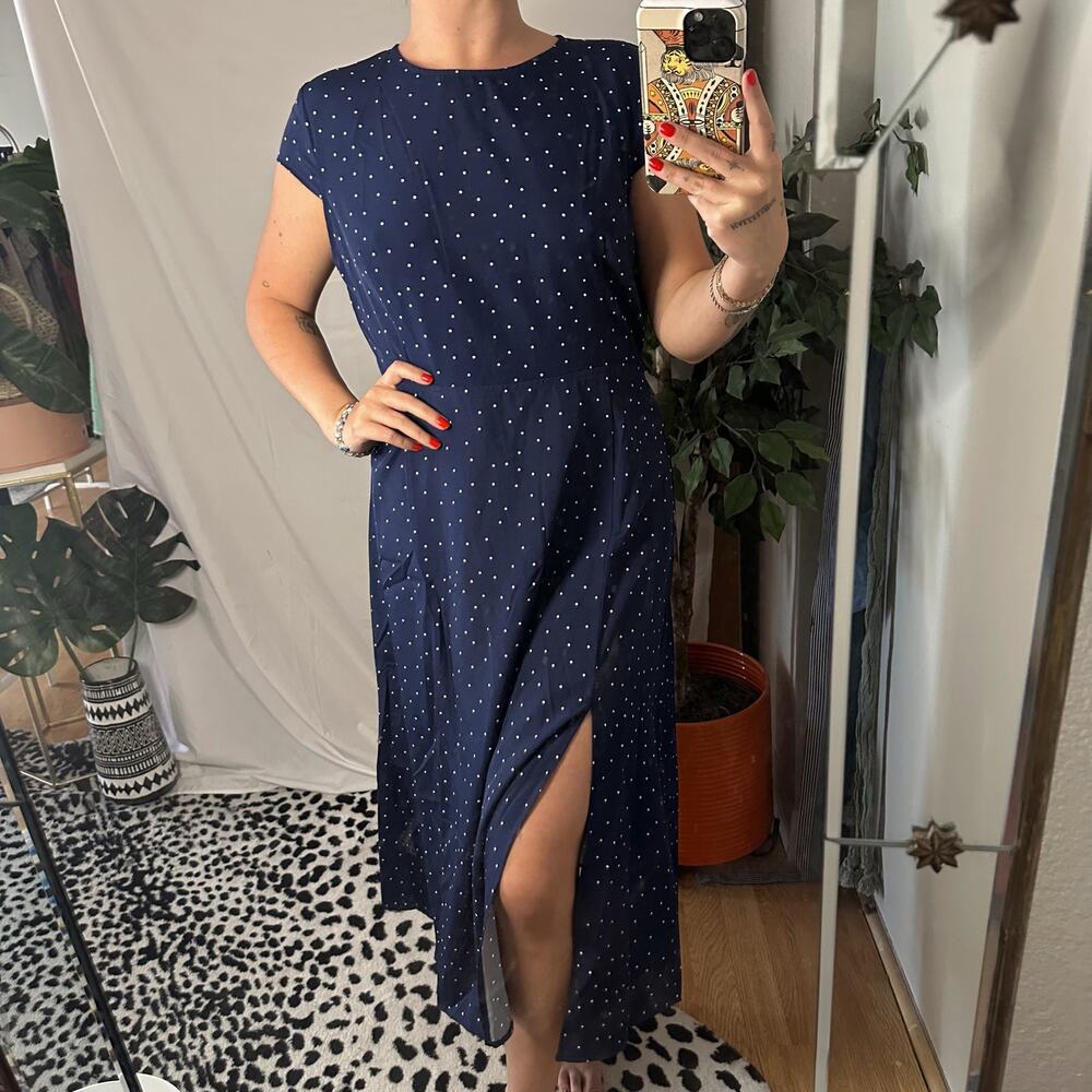 Rihoas Navy Round Neck Polka Dot Cutout Midi Preppy Dress Size Large